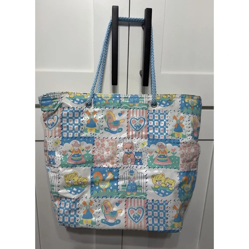 Vtg Vinyl Spectrum Diaper Bag Tote Teddy Bears Cat Rooster Pastel 90s